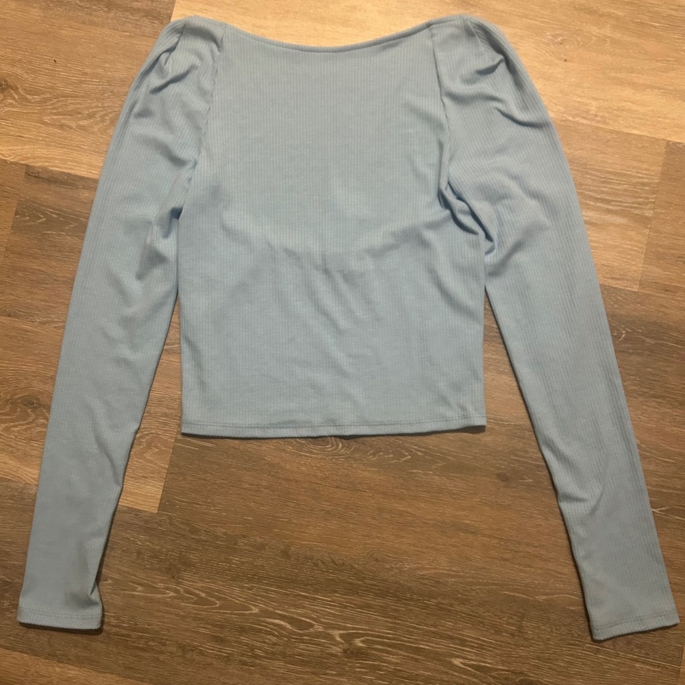 Urban‎ Outfitters Ribbed Top Open Back Long Sleeve Blue Crop Top Size L